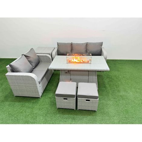 Fimous 7 Seater PE Rattan Wicker Garden Furniture Patio Conservatory Sofa Set with Firepit Dining Table 3 Seater Sofa Love Sofa 2 Stools Side Table (1/4)
