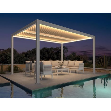Pergola bioclimatique aluminium 4,25 x 3 m avec LED, lames orientables, Blanc, PURPLE LEAF