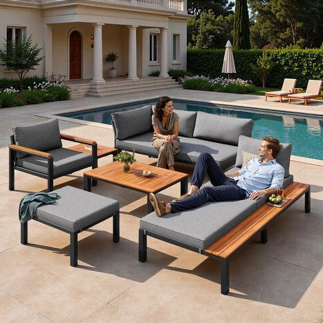 Ensemble de salon de jardin extérieur pour 6 personnes,structure en métal,canapé 2 places + chaise longue + fauteuils + tabouret + 2 table,gris (1/5)
