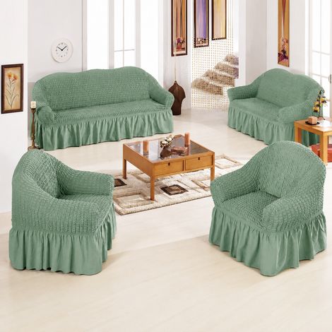 Housse de canapé extensible gaufrée vert uni avec jupe 4 places et méridienne réf 8257 36 × 25 × 20 cm 2,55 kg – Livraison gratuite