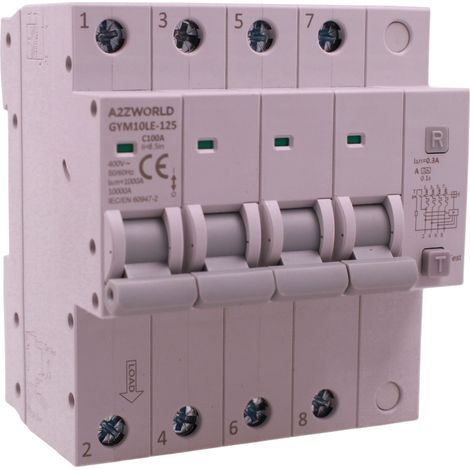 RCBO Interruttore Magnetotermico Differenziale con Doppia Leva Tipo A Curva C 4P 4M 10kA 300mA, Diagnostica Visiva, AC 400V IP20 GYM10LE-125, Disponibili 63A 80A 100A (C100A)