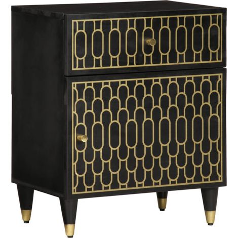 Comodino con cassetto e vano con anta 50 x 33 x 60 cm legno di mango nero e ferro DEC033052