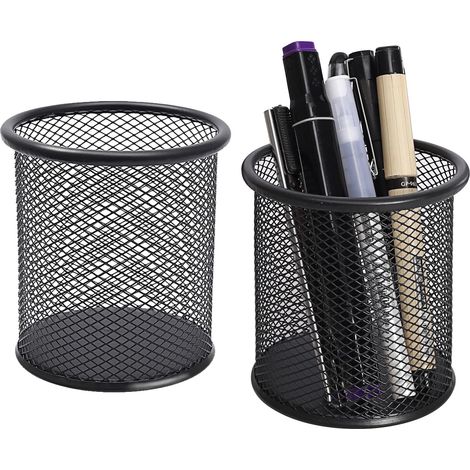 Pot a Crayon, Lot de 2 Pot Crayon Bureau Rond en Métal, Noir Porte Stylo pour Bureau, Maison, École, Idéal pour Feutres, Ciseaux, Trombones, Multifonctionnel, Robuste, Maille Respirante (1/5)