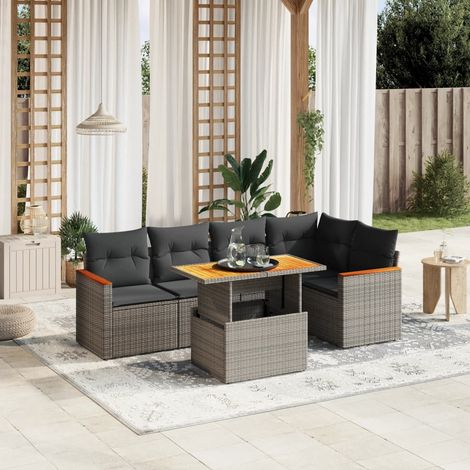 Ensemble Salon Jardin Résine Tressée 6 Places Gris Modulable avec Coussins Lavables et Table Réglable (1/3)