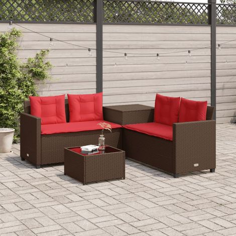 Salon de jardin 4 places en L avec table et coussins, résine tressée, marron et rouge - PANGIVO (1/5)