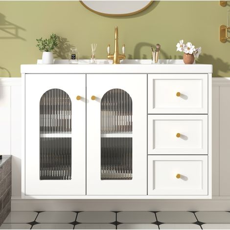 Meuble vasque suspendu 80 cm avec lavabo céramique, 2 tiroirs, MDF blanc, REDOM (1/5)