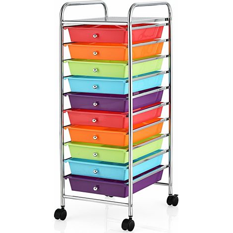 Práctico carrito de almacenamiento con 10 cajones 33 x 37 x 86 cm compacto y móvil con ruedas metálicas de colores 200018565