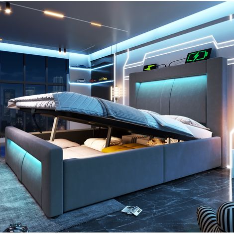 Bett mit Stauraum Samt Grau 90x200 cm, hydraulisch, mit LED-Beleuchtung, USB- und Type-C-Anschlüssen (1/5)