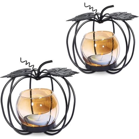 Lot de 2 photophores en verre en forme de citrouille, porte-bougies chauffe-plat décoratifs en fer noir mat (1/4)
