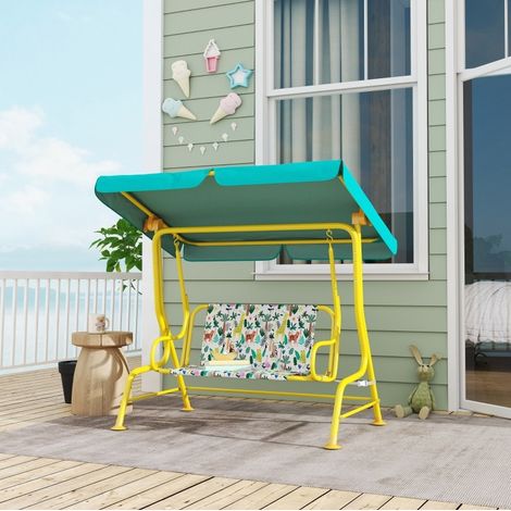 Balançoire enfant 2 places 112x75x120 cm en métal vert avec toit réglable pour jardin FloraGrace (1/5)