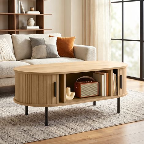 Table basse ovale en bois, table de salon moderne avec portes coulissantes et rangement caché, 100x55x40cm, bois naturel (1/5)