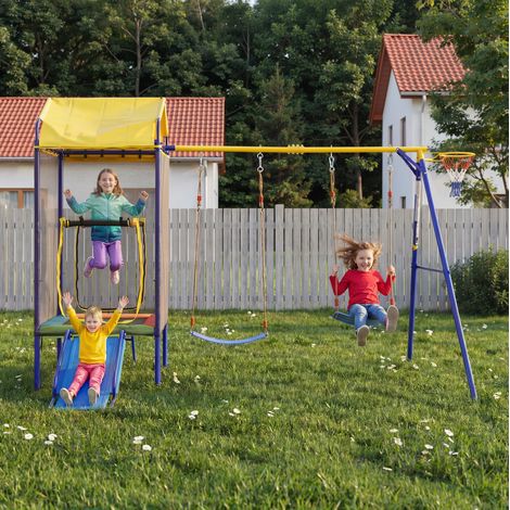 Aire de jeux extérieure 4 en 1 enfants, trampoline, double balançoire et toboggan (1/5)