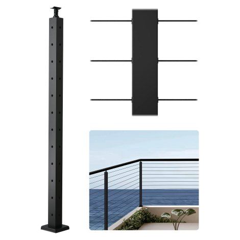 Poste de Barandilla de Cable, 1 Pieza Poste de Barandilla 106,7 x 5 x 5 cm en Forma de L, Poste de Acero Inoxidable SUS304 con Soporte Horizontal y Curvo, Negro, 1JZLGZXHS1065S1EW001V0 (1/5)