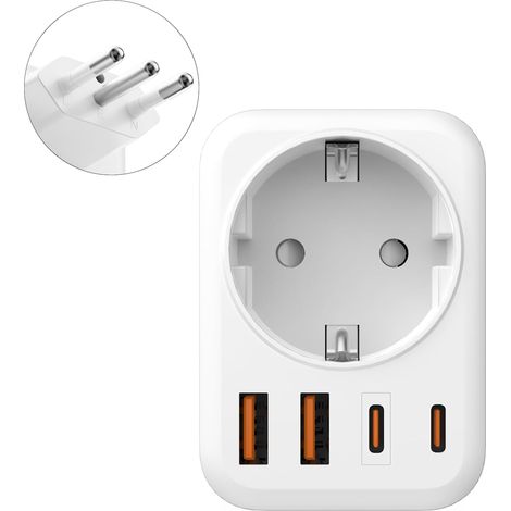 5 en 1 Adaptateur Prise Italienne vers France, Adaptateur Prise Italienne, 2 USB C, 2 USB A, Europe FR 2 Broches vers US 3 Broches, pour Italie, Chili, Maldives, Saint-Marin, Vatican,Type L