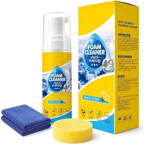 Nettoyant Mousse Multifonction 150 ml, Nettoyant Mousse Multi-Enzymes avec Chiffon et Éponge, Mousse Nettoyante Sans Rinçage pour Nettoyage en Profondeur, Intérieur de Voiture, Tableau de Bord et Cuir (1/4)