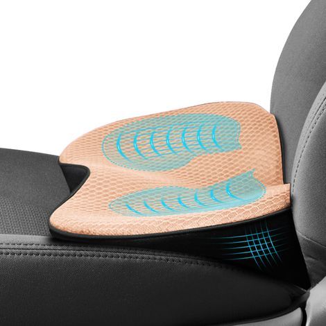 Beiges Autositzkissen, ergonomisch, leicht und bequem, reduziert den Druck auf Oberschenkel und Hüfte und bietet Unterstützung für den Lendenbereich. (1/5)
