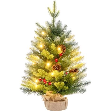 Árbol de Navidad de mesa de 60 cm con 20 luces LED, 141 ramas, 5 piñas, 5 racimos de bayas rojas y un soporte de metal verde (1/5)