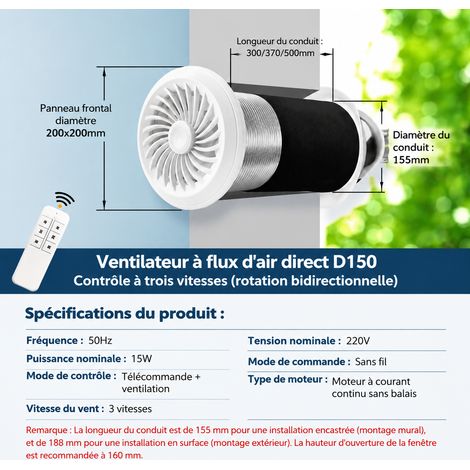 Système ventilation air frais mural D150 bidirectionnel 3 vitesses longueur 370 mm extracteur silencieux 1 g – Livraison gratuite