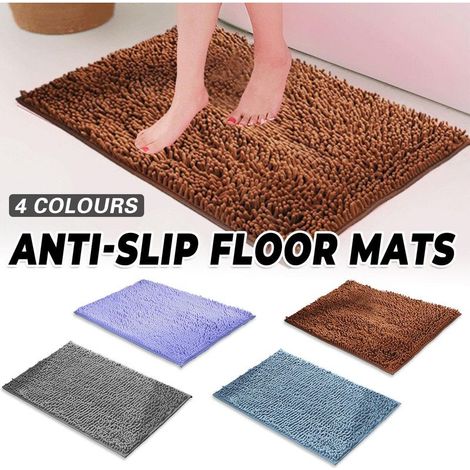 Langflorige Chenille-Fußmatte, rutschfest und mit Saugnäpfen, braun, ideal für Badezimmer, Eingangsbereich oder Wohnzimmer. (1/5)