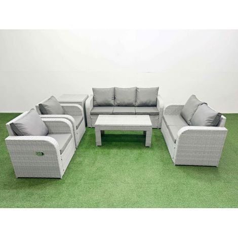 Fimous PE Rattan Garden Furniture Set Adjustable Chair Sofa Double Love Seat 2 Seater Sofa Lounge Set Rectangular Coffee Table Side Table Light Grey (1/4)