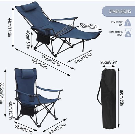 ELONEO Chaise de Camping Pliante avec Repose-Pieds Amovible, Dossier Réglable, Aluminium - Confort Jardin & Balcon, bleu - Sport