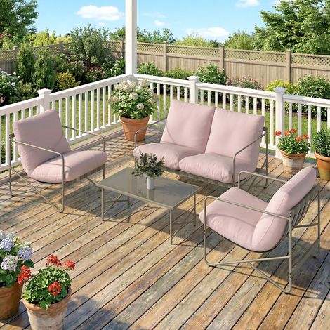 Conjunto de Jardín Exterior de 4 Piezas con Sofá de 2 Plazas 2 Sillones Mesa de Vidrio Templado Cojines Gruesos Rosa (1/5)