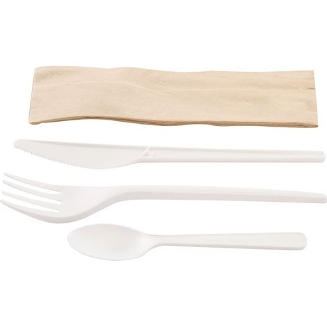 Kit couverts blanc 4 en 1 CPLA : couteau + fourchette + petite cuillère + serviette kraft - 500 unités - Betik
