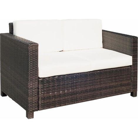 Rattan Sofa, 2 Seater Garden Furniture with Soft Padded Cushion and Armrests, Wicker Garden Loveseat for Patio, Mixed Brown (1/5)