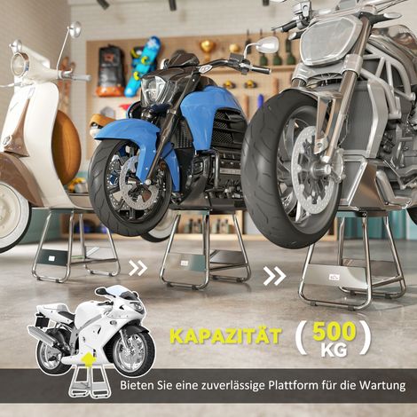 Support moto universel en acier gris, capacité de charge max 500 kg, support de stationnement robuste (1/4)