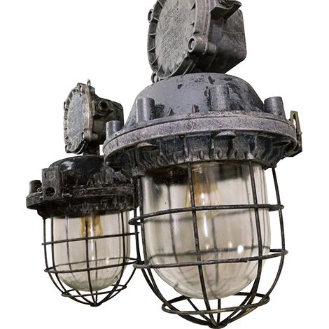 PAREJA LAMPARAS INDUSTRIAL BARCO O BUNKER CON JAULA AÑOS 60 - POLACA Gris 35x65cm