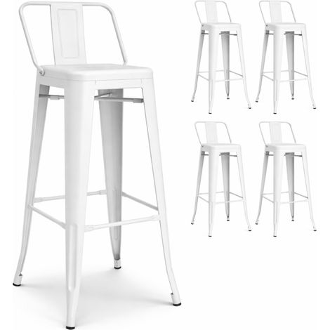 Lot de 4 tabourets de bar en métal blanc mat style industriel - Avec dossier - Hauteur 76 cm