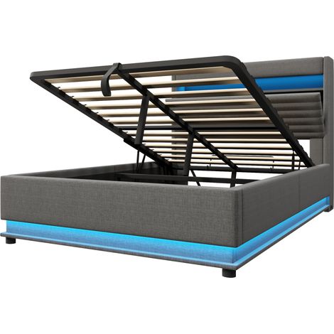 Cama arcón capitoné 140x200 cm con LED USB Type-C gris, sin colchón (1/5)