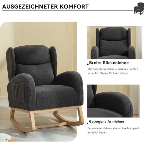 Fauteuil à bascule bouclette gris foncé, fauteuil oreilles rembourré, fauteuil relaxation pour salon et chambre (1/5)