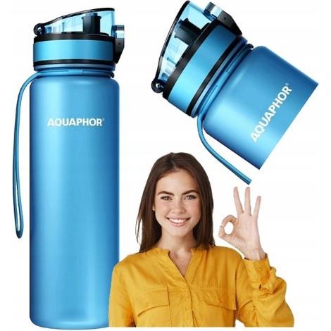 Gourde filtrante AQUAPHOR City 0,5 l, bleue, idéale pour l'école, le travail et l'entraînement.