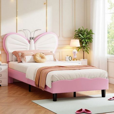 Cama infantil mariposa 90x190 cm rosa y blanco - Cabecero ajustable LED con luz integrada - Cama de diseño moderno para niña
