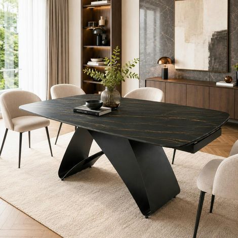 Table céramique extensible noire marbrée pied design 200-280 cm LORA