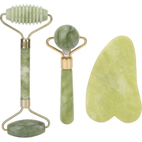 3 pièces Rouleau de Jade pour le Visage, Massage Anti-Âge, Lifting et Fermeté de la Peau, Set Gua Sha Portable (1/5)