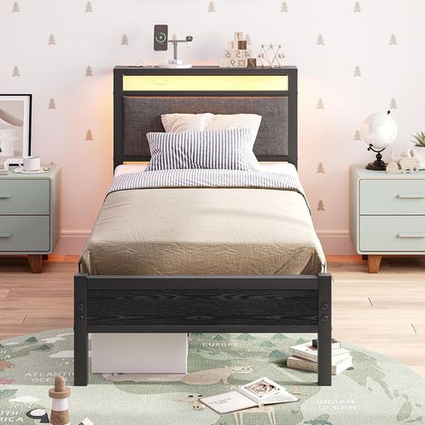 Upholstered Bed Frame 90 x 200 cm, Bed Frame with LED and Charging Station, Metal Bed with Headboard, Guest Bed, Modern Teenage Bed Frame with Slatted Base (1/5)