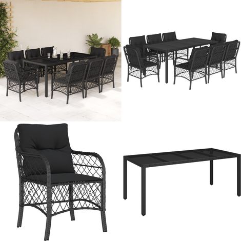 9-tlg. Garten-Essgruppe mit Kissen Schwarz Poly Rattan - Gartentisch - Gartenstuhl - Gartenmöbelset - Outdoor Möbel - Rattan Gartenmöbel - Home & Living (1/5)