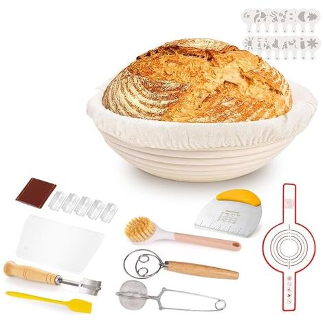 10-teiliges Sauerteig-Starterset ca 23 cm runder Gärkorb Brotkorb und komplettes Backzubehör Brotbackzubehör Kochkorb Brotset tolles Geschenk für (1/5)