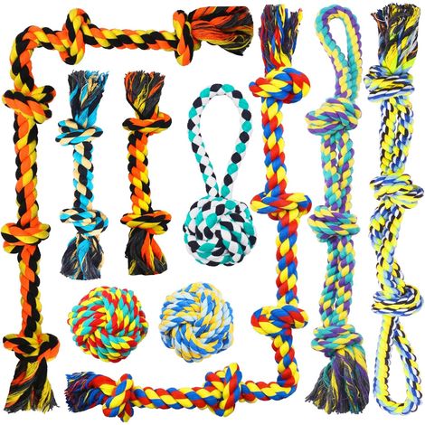 Lot de 9 jouets à mâcher pour chiens agressifs, 5 nœuds en corde de coton pour chiens de taille moyenne et grande taille, jouet de dentition pour chiot, jouets colorés en corde de (1/5)