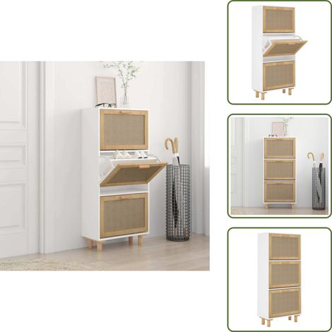 Schuhschrank Weiß 52x25x115 cm Holzwerkstoff & Rattan Natur - Schuhschrank - Holzschrank - Schrank Weiß - Garderobe - Einbauschrank (1/5)