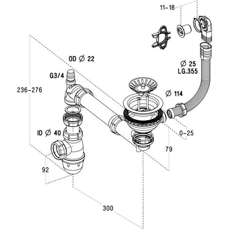 Cuisissimo – Vidage complet lavabo pour évier céramique CISTERNA et FELIX – Diamètre bonde 114 mm – Siphon gain de place (1/2)