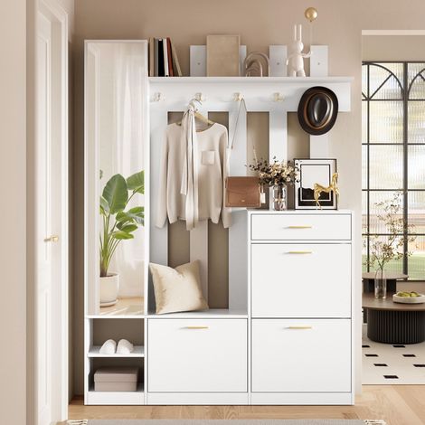 Ensemble armoire avec miroir, 3 étagères à chaussures, 1 tiroir et de nombreux crochets – Armoire compacte gain de place pour entrée et couloir, blanche, 133 x 23,5 x 180 cm