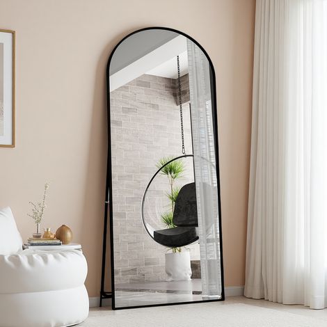 Miroir de Sol Pleine Longueur Bombé, 180x80 cm, Cadre en Aluminium Noir, Support Métallique, Suspendu ou Inclinable Contre le Mur - Chambre à Coucher, Salon, Entrée - Genki (1/5)