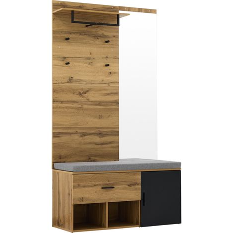 Garderobenset en bois avec miroir, banc à chaussures rembourré 104 x 39 cm, armoire à chaussures, tiroir, étagère et patères pour entrée 190 cm (1/5)