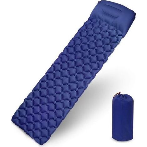 DBBEGK Matelas Camping, Tapis de Couchage avec Oreiller de Gonflable Matelas Randonnée Pliable et Imperméable pour Camping, Voyage, Randonnée 190 x 56 x 6cm (Bleu Fonce)-Fei Yu (1/4)