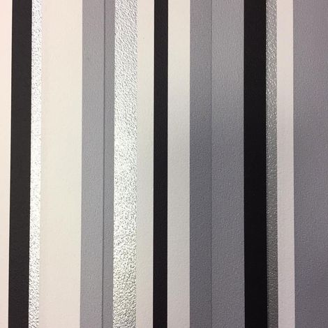 Barcode Striped Wallpaper Grey Black White Silver Metallic Textured Debona
