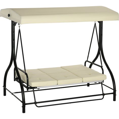 Dondolo da Giardino 3 Posti con Tettuccio Regolabile in Metallo e tessuto Teslin Beige e Nero (1/5)