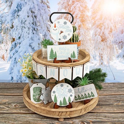 Support Multi-Niveau - Décor En Bois Naturel - Pour Plateau À Étages - Salle De Séjour Cuisine Bureau - Lot De 9 Pièces (1/5)